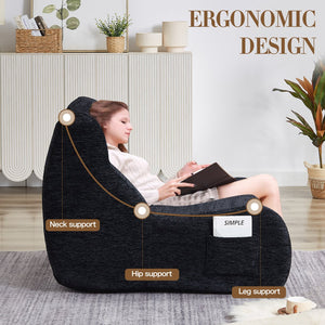 English Elm Bean Bean Bag Chair with Armrests Ergonomic Chenille Lounge Seat Filled with High-Resilience Sponge Black W3434P329809