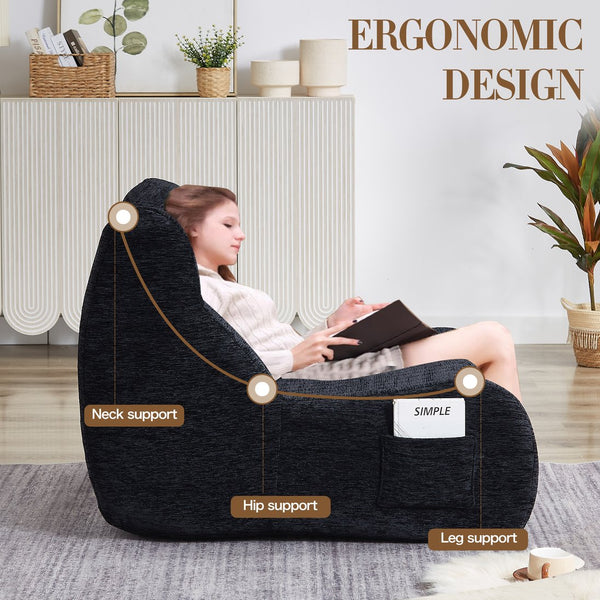English Elm Bean Bean Bag Chair with Armrests Ergonomic Chenille Lounge Seat Filled with High-Resilience Sponge Black W3434P329809