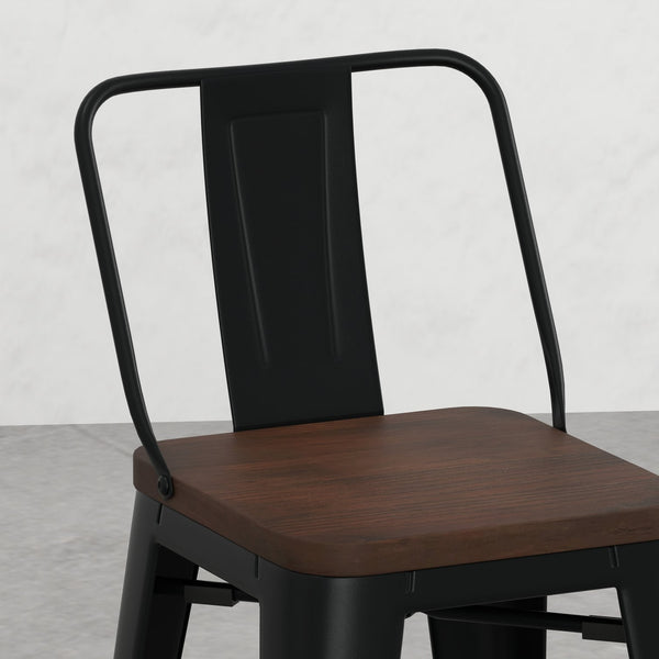 English Elm Keeley 24in Metal and Solid Elm Wood Counter Stools Set of 4 — Curved Backs, Footrests, Durable Finish Black B2732P253606