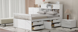 English Elm Full Size Captain Platform Bed Frame With Bookcase Headboard, Storage Drawers & White Finish N7090000473K
