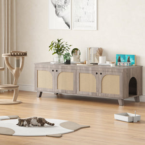 English Elm Double Hidden Cat Litter Box Enclosure with Rattan Doors, Two Spacious Compartments, Odor Control Stand Grey T3623P380885