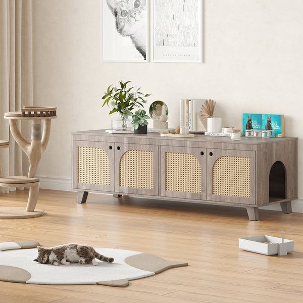 English Elm Double Hidden Cat Litter Box Enclosure with Rattan Doors, Two Spacious Compartments, Odor Control Stand Grey T3623P380885