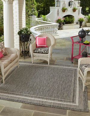 Unique Loom Outdoor Border Soft Border Machine Made Border Rug Black, Ivory 7' 10" x 7' 10"