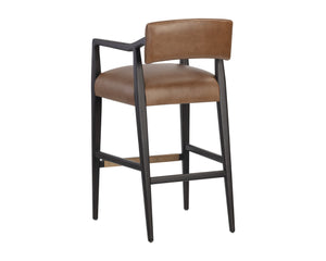Sunpan Keagan Bar Stool - Mid-Century Design with Dark Brown Oak Frame and Artisan Leather Craftsmanship Shalimar Tobacco Leather