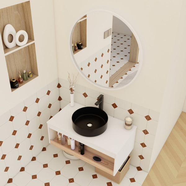 English Elm 36" Floating Bathroom Vanity Light Oak Modular Cabinet with Gel Coat Integrated Sink Black,White + Light Oak W3450S00062