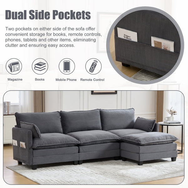 English Elm United We Win Modular Corduroy Sectional with Ottoman Low Profile Living Room Couch Gray W1568S00255