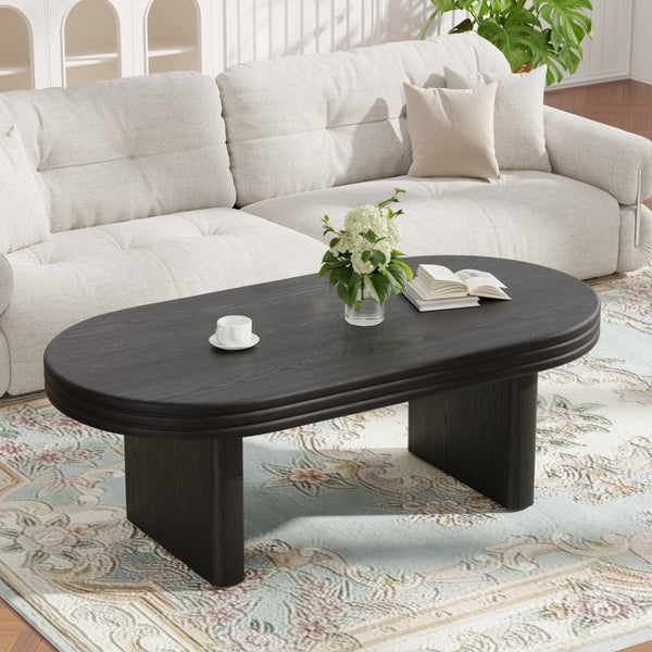 English Elm Mid Century Modern Oval Fluted Coffee Table with Wood Veneer for Living Room Black W757P370255