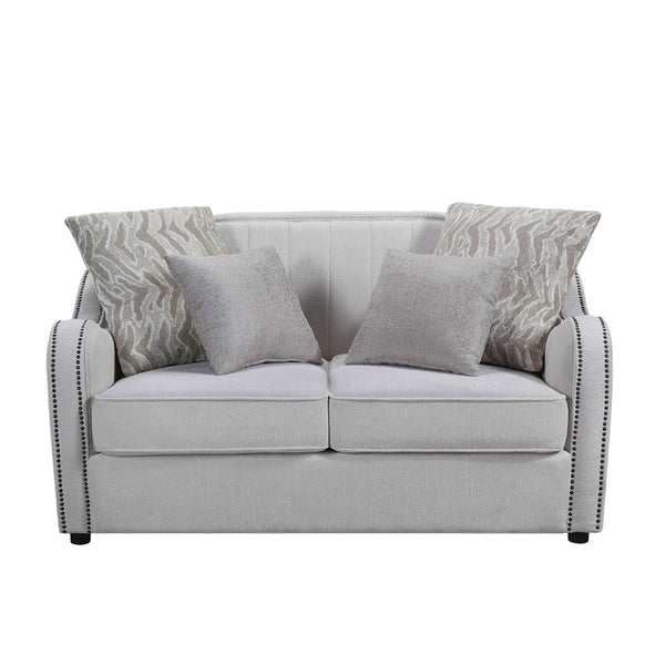 English Elm Mahler Beige Linen Loveseat with Nailhead Trim Pocket Coil Support and Four Pillows B2726P457621