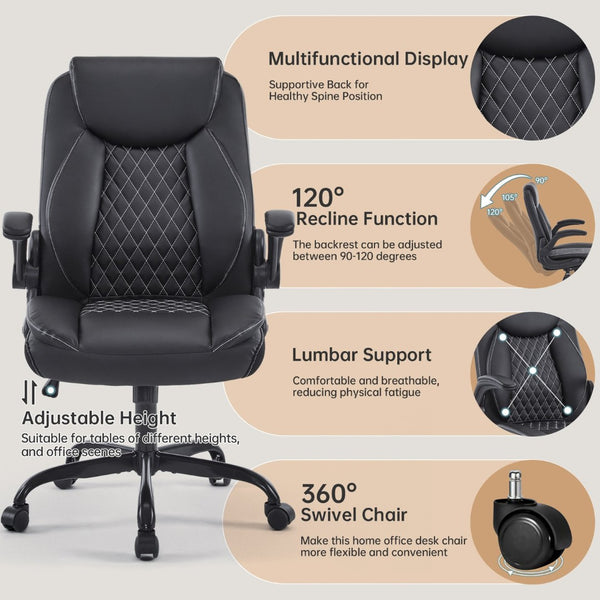 English Elm Leather Executive Desk Chair with Lumbar Support Flip Armrests and Swivel Base T5339P435712