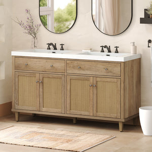 English Elm Christopher Knight Home® - 60 Inch Bathroom Vanity with Double Sinks SMC, Rattan Doors, Soft-Close Drawers, Stable Pine Legs Wood N817P296140N