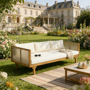 English Elm Outdoor Acacia Wood Sofa with Woven Rope Accents Teak Finish Patio Seating Light Brown,Teak+ Beige N770P354675B