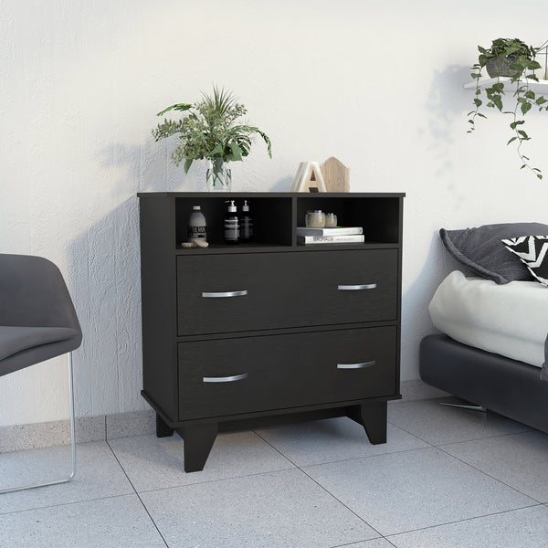 English Elm Portobelo modern two-drawer dresser with open shelves, sturdy top & four legs for stylish storage and display Black 36 L x 21 W x 4 H B128S00109