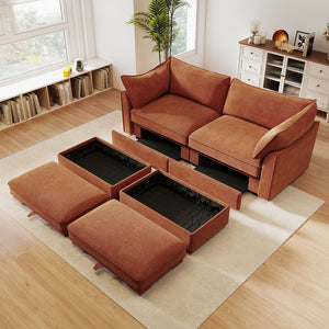 English Elm 2 Seater Sofa With Footrest, Movable Ottomans & Hidden Storage - Stylish Chenille For Small Spaces W3041S00204