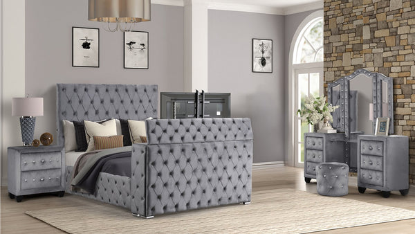 English Elm Encore 4Pc Contemporary Gray Tufted Vanity Bedroom Set With Queen Bed, Dresser, Mirror & Nightstand B009S01728