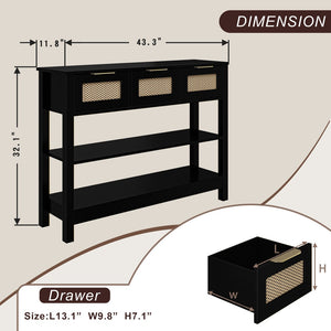 English Elm 43.3" Farmhouse Console Table Rattan Drawer Fronts Open Shelving Entryway Storage Black T3210P426419