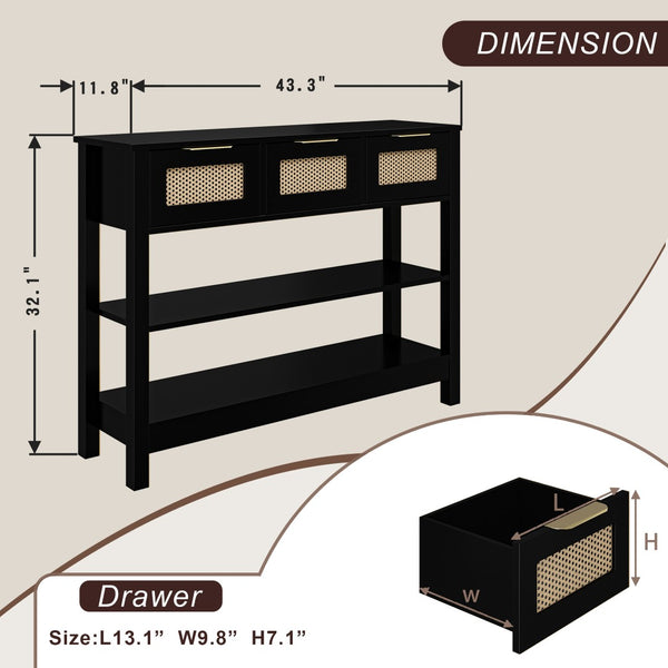 English Elm 43.3" Farmhouse Console Table Rattan Drawer Fronts Open Shelving Entryway Storage Black T3210P426419