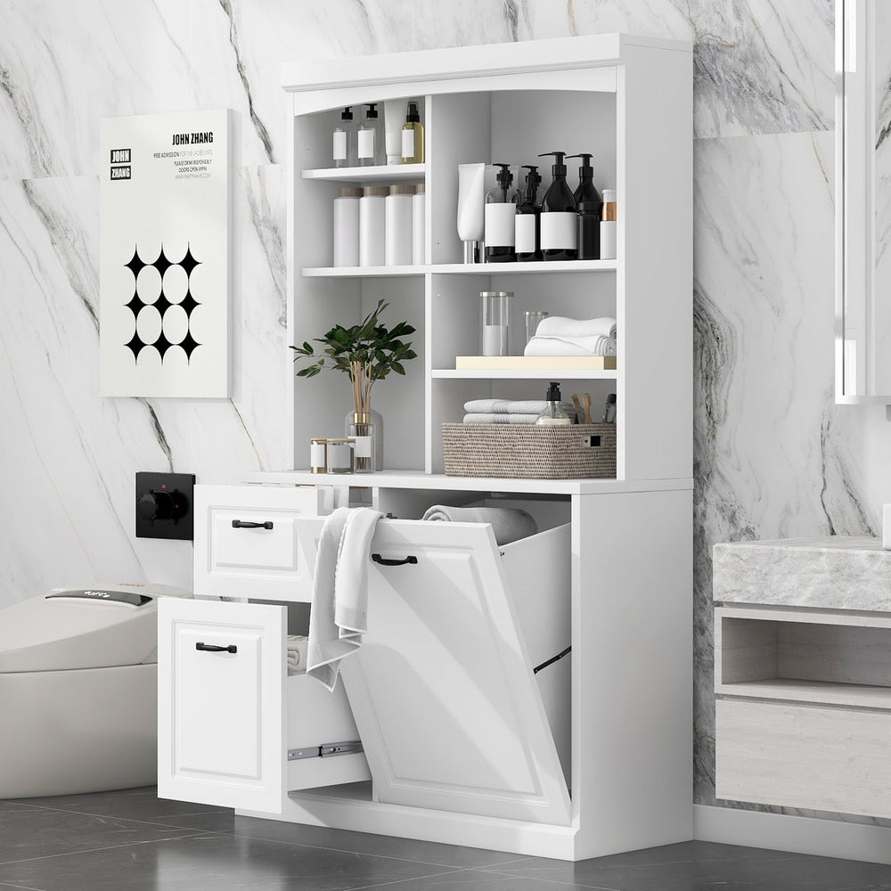English Elm Bathroom Tall Storage Cabinet with Tilt-Out Hamper, 70.9" Linen Tower, 2 Drawers, Adjustable Shelves, White Finish N725P278420K