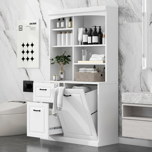 English Elm Bathroom Tall Storage Cabinet with Tilt-Out Hamper, 70.9" Linen Tower, 2 Drawers, Adjustable Shelves, White Finish N725P278420K