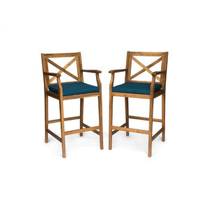 English Elm Christopher Knight Home® - PERLA Acacia Wood Outdoor Barstool Set of 2 with Water-Resistant Cushions, Cross-Back Farmhouse Charm Blue 63748.00BLU