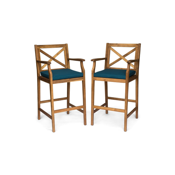 English Elm Christopher Knight Home® - PERLA Acacia Wood Outdoor Barstool Set of 2 with Water-Resistant Cushions, Cross-Back Farmhouse Charm Blue 63748.00BLU