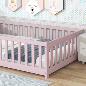 English Elm Twin Solid Rubberwood Floor Bed with Full Perimeter Safety Rails for Toddler Rooms Pink W504P296782