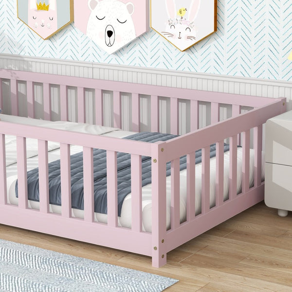 English Elm Twin Solid Rubberwood Floor Bed with Full Perimeter Safety Rails for Toddler Rooms Pink W504P296782