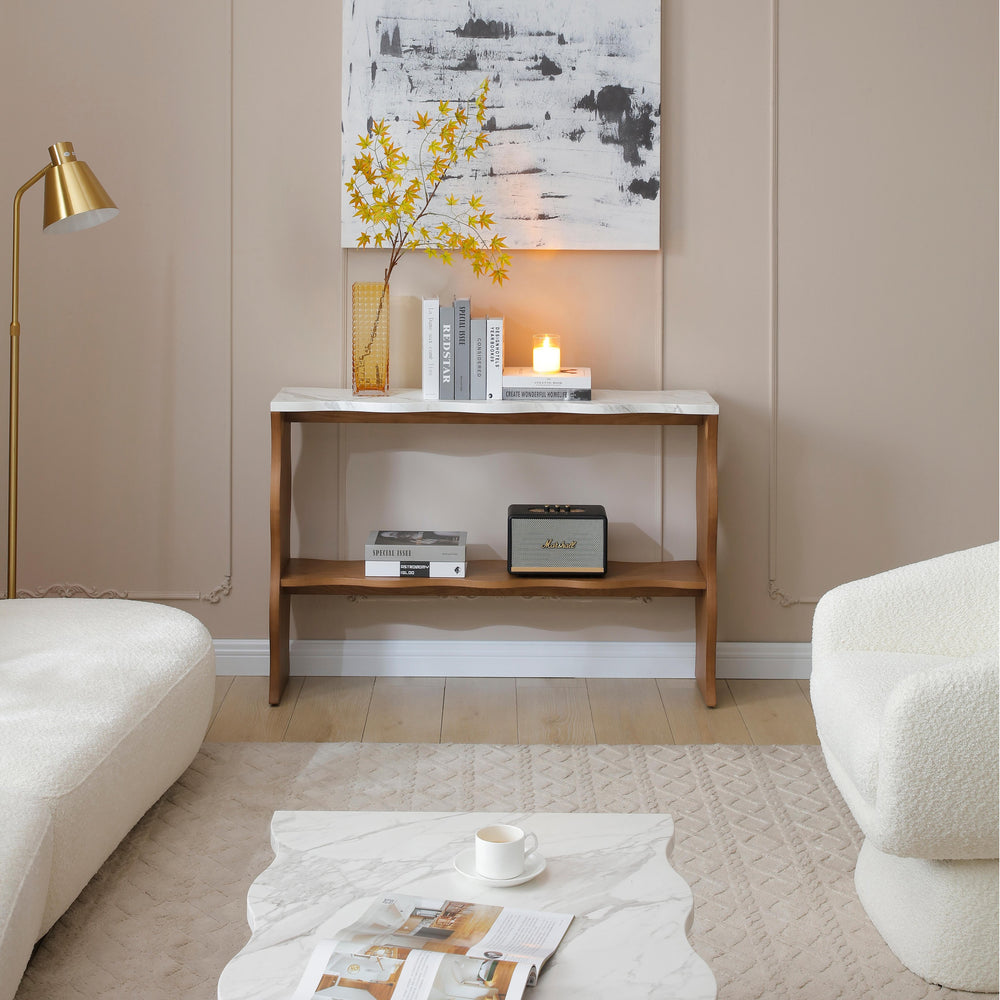 English Elm 47.24" Modern Console Table With White Marble Top & Walnut Wood Veneer - Stylish Entryway Storage Solution W2664P346441