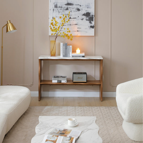 English Elm 47.24" Modern Console Table With White Marble Top & Walnut Wood Veneer - Stylish Entryway Storage Solution W2664P346441