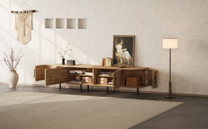 English Elm 70inch Rattan Door Media Console with Iron Legs Natural Wood Finish Living Room N710P429509P