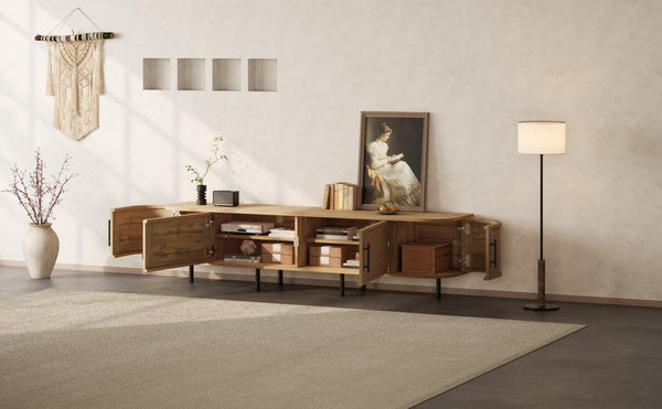 English Elm 70inch Rattan Door Media Console with Iron Legs Natural Wood Finish Living Room N710P429509P
