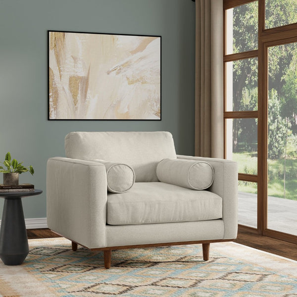 English Elm Morrison Sculptural Mid-century Armchair with Rubberwood Legs and Performance Fabric Cream White B136P420740