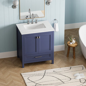 English Elm 30" Freestanding Vanity Solid Wood Frame Carrara Marble Top Navy Blue Powder Bath W1573P237849