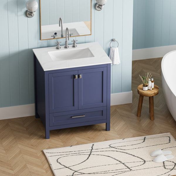 English Elm 30" Freestanding Vanity Solid Wood Frame Carrara Marble Top Navy Blue Powder Bath W1573P237849