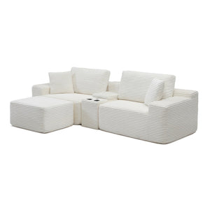 English Elm Modular Cloud Sectional Sofa with Corduroy Deep Seating Usb Ports and Storage Ottoman Beige W1117S00358