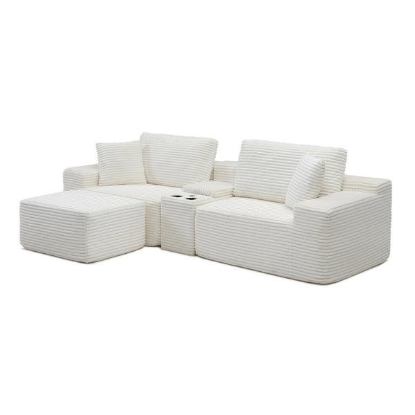 English Elm Modular Cloud Sectional Sofa with Corduroy Deep Seating Usb Ports and Storage Ottoman Beige W1117S00358