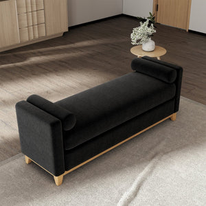 English Elm 66.34 Inch Sherpa Fleece Bench with Fluted Wood Legs Bolster Pillows Mid-century Lounge Black+Natural W1658P445920