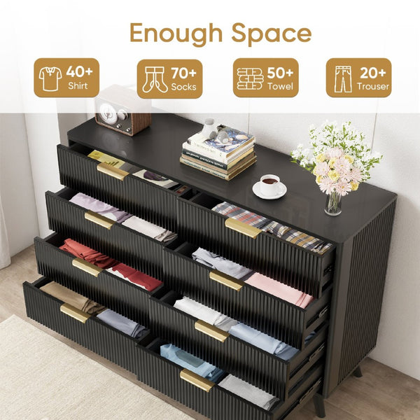 English Elm 6 Drawer Fluted Wood Dresser Natural Finish Compact Chest for Nursery or Bedroom Black T3773P415549