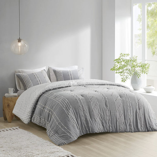 JLA Home INK+IVY - 3 INK+IVY Kara Cotton Jacquard Mini Comforter Set — Reversible Striped & Diamond Print, OEKO‑TEX Certified Elegance Gray II10-1270
