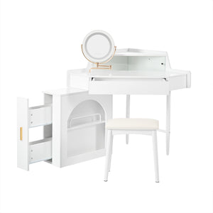 English Elm Corner Makeup Vanity Desk with 360° Rotating LED Mirror, Adjustable Brightness, L-Shaped Corner Design and Pull-Out Storage for Small Spaces White N844P263663A