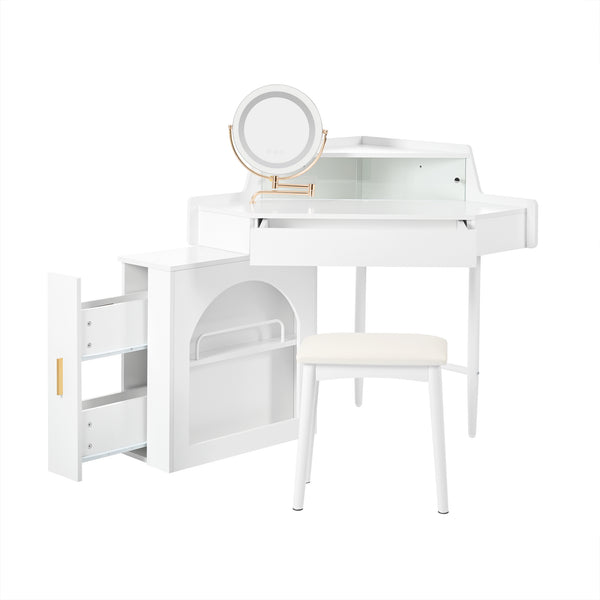 English Elm Corner Makeup Vanity Desk with 360° Rotating LED Mirror, Adjustable Brightness, L-Shaped Corner Design and Pull-Out Storage for Small Spaces White N844P263663A