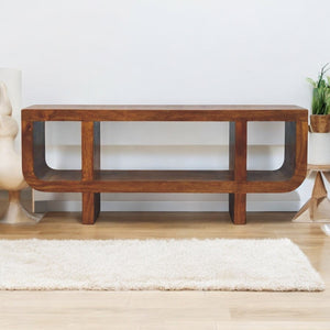 English Elm Orion Curved Chestnut Media Unit – Handcrafted Solid Mango Wood, Sleek Open Shelves, Modern Durable Design (51.18"L x 17.72"W x 23.62"H) B182P303629