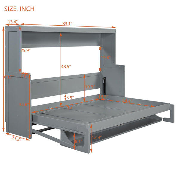 English Elm Full Size Murphy Bed With Hydraulic Lift & Integrated Desk For Space-Saving, Gray Pinewood Design N820S00032E