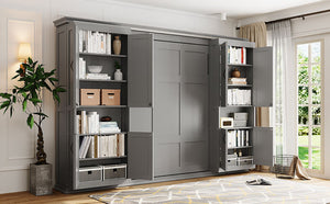 English Elm Full-size Murphy Wall Bed with Sliding Cabinets and Twelve Open Shelves for Studios Gray LP000919AAE