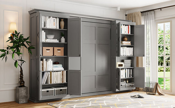 English Elm Full-size Murphy Wall Bed with Sliding Cabinets and Twelve Open Shelves for Studios Gray LP000919AAE