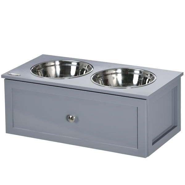 English Elm PawHut Elevated Dog Bowls with Hidden Storage Drawer, 2 Stainless Steel Bowls, Gray, Medium W2225P200774