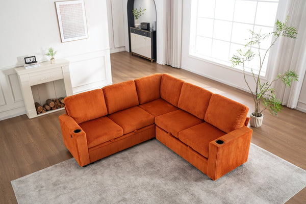 English Elm Sectional Corduroy Sleeper Sofa with Storage and Charging Ports for Small Spaces Orange W1361S00076