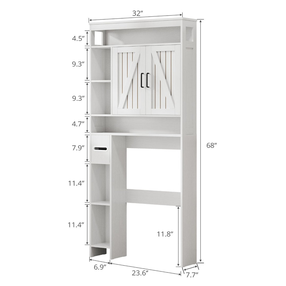 English Elm Vividwood Farmhouse Bathroom Tower Cabinet Sliding Barn Doors Six Shelves White T5618P505967