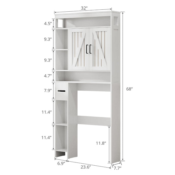 English Elm Vividwood Farmhouse Bathroom Tower Cabinet Sliding Barn Doors Six Shelves White T5618P505967