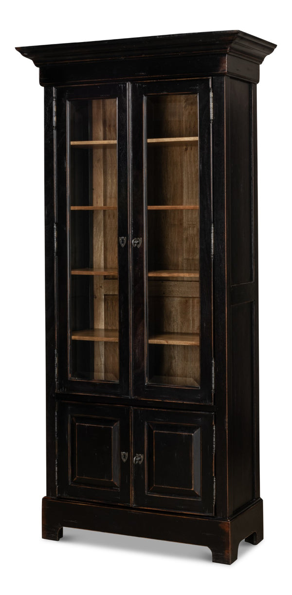 Sarreid Bookcase In Elegant Ebony Finish - Solid Walnut And Glass With 5 Adjustable Shelves & 2 Keys Black  27160