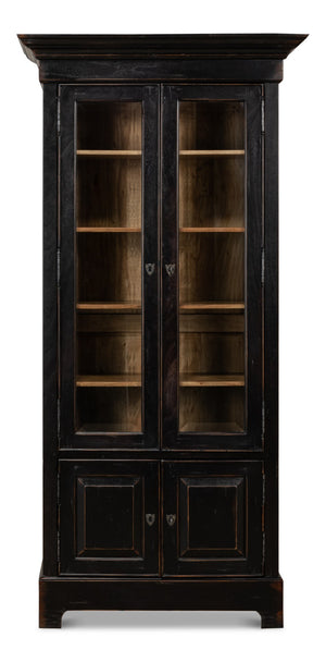 Sarreid Bookcase In Elegant Ebony Finish - Solid Walnut And Glass With 5 Adjustable Shelves & 2 Keys Black  27160